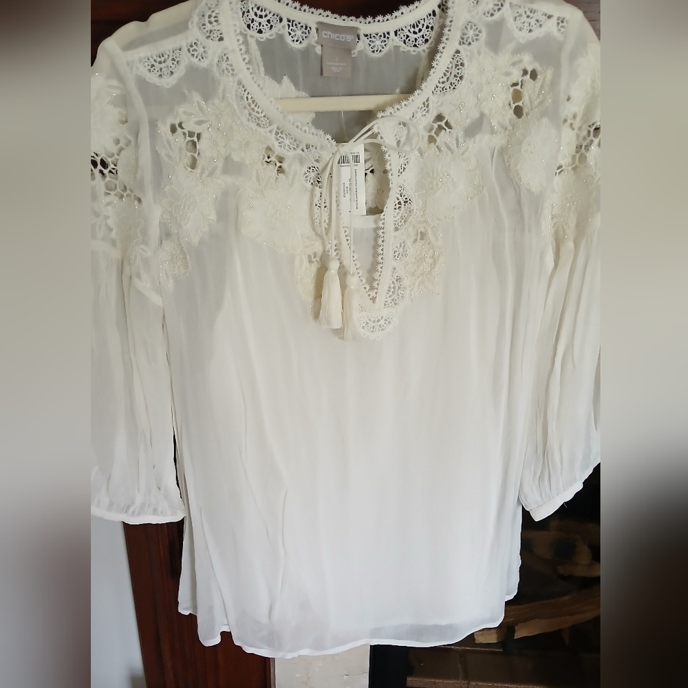Chicos Embellished Beaded Peasant Blouse